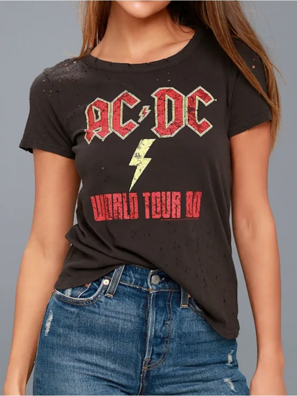 Chaser black distressed t-shirt retro AC/DC "World Tour 80" graphic cotton Small